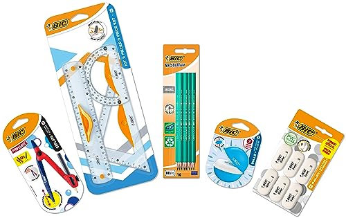 BIC Schulbedarf Set: 10 Bleistifte, 1 Zirkel, 1 Spitzer mit Dose, Geometrie Set (inkl. Lineal), 6 Radiergummis
