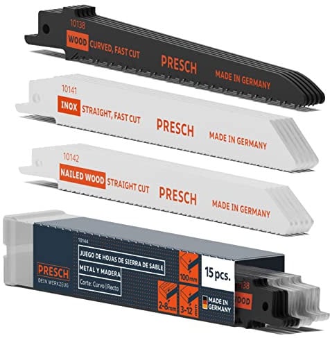 Presch Säbelsägeblätter Set Holz, Metall und Edelstahl 15 Stk. - Komplettes Säbelsägeblätter Set für jede Anwendung - Universalschaft Reciprosäge Sägeblätter Set inkl. Box