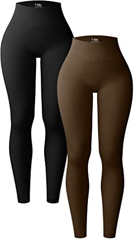 OQQ Damen 2 Stück Yoga Leggings Gerippt Nahtlos Workout Hohe Taille Athletic Pants, Schwarz - Black Coffee, S