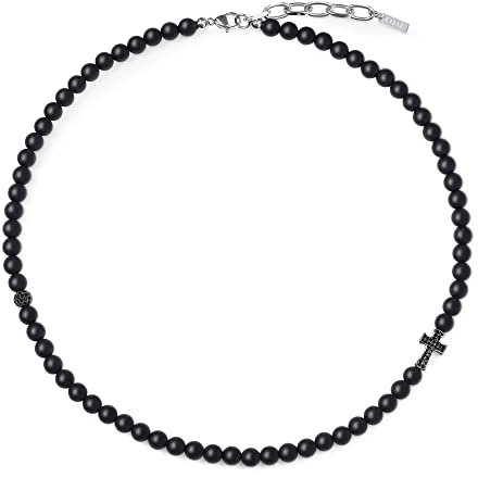 COAI Geschenkideen Herren Glückskette aus Mattem Onyx mit CZ Paved Kreuz Charm