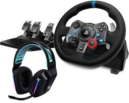 Logitech G29 Driving Force Gaming Rennlenkrad, Zweimotoriges Force Feedback, 900° Lenkbereich, Verstellbare Edelstahl Bodenpedale, für PS5, PS4, Mac - Schwarz + LIGHTSPEED kabelloses Gaming-Headset