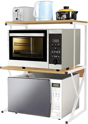 RVEE 3-Tier Kitchen Countertop Microwave Oven Unit Shelving Stand Rack for Household Storage Organizer, Home Office Desktop Shelf Printer Rack Metal Frame Wood Tabletop (3-Tier Light Walnut)