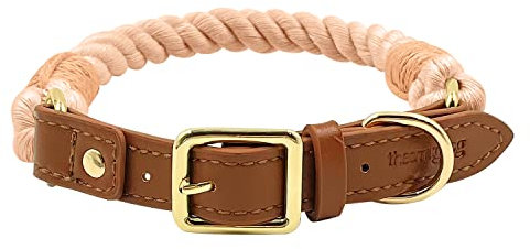 The Smug Dog Boston Rope Braided Collar for Dogs - Stylish Medium Champagne Pink with D-Ring, Leather Finish & Golden Buckle -Soft Dog Collar for Small, Medium and large Dogs for Training,Walking