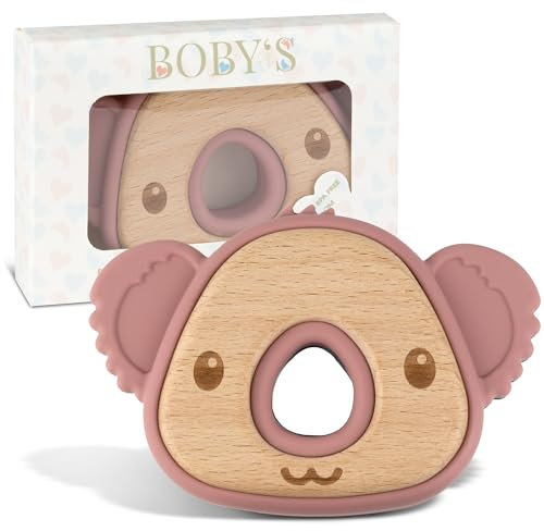 BOBY´S Beißring für Babys aus Holz & Silikon Koala Pale/Mauve/Kauspielzeug, Zahnungshilfe & Greifring in einem / 100% BPA-freies Beißspielzeug/nachhaltiger Holz Beißring