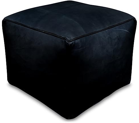 See the Good Quadratischer Leder Pouf - Handgefertigt - gefüllt geliefert - Ottoman, Sitzsack, Fußhocker (Schwarz)