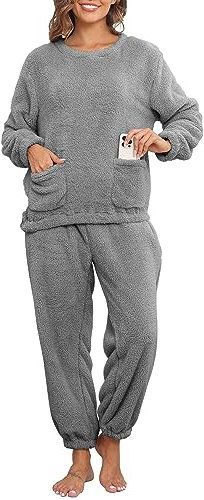 CheChury Pigiama Invernale Stile Unisex Set Pigiama Morbido E Caldo Girocollo Pigiama in Pile Set in Due Pezzi con Maniche Lunghe E Pantaloni Lunghi con Tasche Pigiamone Felpato Uomo E Donna