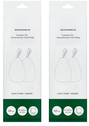 SONGMICS Trash Bags, Compatible with SONGMICS Motion Sensor Trash Can 13 Gallon, Drawstring Kitchen Garbage Bags, 20.5 x 36.2 Inches, 2 Rolls, 80 Count, White UKRB060A02