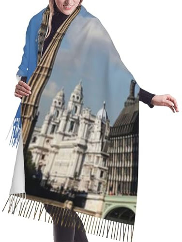 YoupO London Big Ben Print Fransen Schal Frauen Wrap Schal Quasten Schals Mode Super Weich Schal für Winter, Schwarz , One size