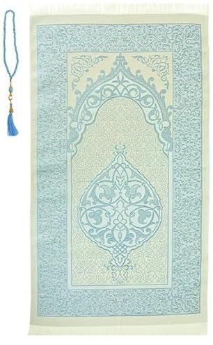 Prien Gebetsteppich Muslim mit Tesbih | Seccade mit Gebetskette | Gebetsmatte Islam für Frauen | Islamische Teppich Geschenke Set für Männer | Prayer Mat Geschenk Gebet Ramadan Namazlik (Himmelblau)