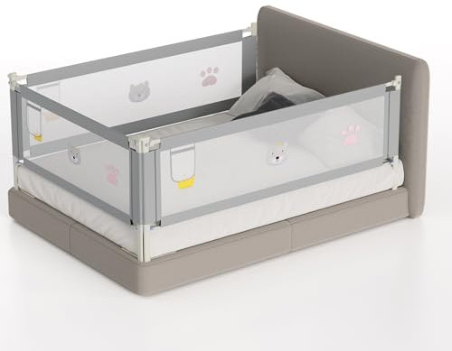 Tubiaz 1x150CM+2x200CM Barrera Seguridad Niños Cama, Altura Regulable 70-98cm, Barrera Cama niños con protección contra caídas, Barandilla Cama niño Plegable, Fácil de Montar, Acabado Gris Bordado