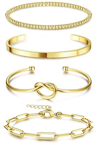 Dochais 4 Pcs Armband Damen Gold, Ketten Armbänder Für Damen, Vergoldet 18k, Verstellbares Gold, Twist Büroklammer Goldperlen