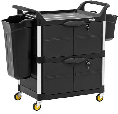 ulsonix ULX-OFPP Cleaning Trolley Lockable 3 Shelves 150 kg Load Capacity Smooth Wheels Handy Handles Cleaning Trolley for Hotels and Offices Hotel Trolley Laundry Trolley