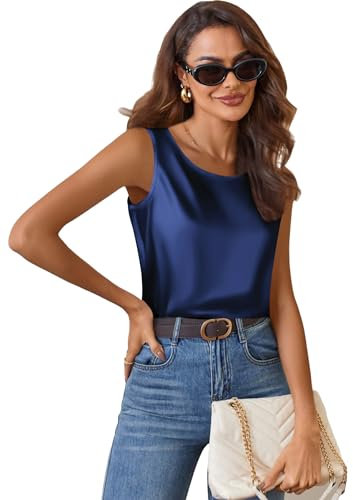 Zeagoo Camicia in Satin per Donne Camicetta con Scollo Rotondo Canotta Senza Maniche Top Lungo in Satin Elegante Top con Spalline Base Top Estivo Blu Navy L