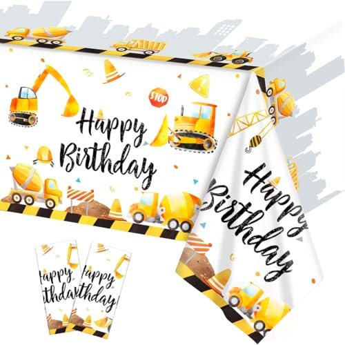 2 Stück Bagger Tischdecke Kindergeburtstag, Geburtstag Deko, Wasserdicht Plastik Tischdecke Baustelle, Baustellen Fahrzeuge Dekorationen, für Geburtstag Party 2 Jahre 3 Jahre, Picknick, 137 x 274cm
