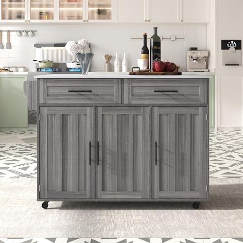 Moimhear Carrito de Comedor, aparador con Tablero abatible, estantes en Las Puertas, Isla de Cocina con 5 Ruedas y Estante y 2 cajones (Color Gris + Madera, 129x71x91,5cm)