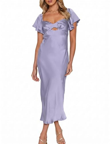 Sommerkleider aus Satin, Flatterärmel, Hochzeitsgästekleider für Damen, Herzausschnitt, Cutout, Raffhalter, Midi-Cocktailkleid