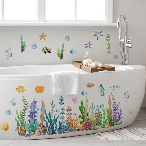 Runtoo Adesivi Murali Alghe Oceaniche Adesivi da Parete Sotto Il Mare Pesci Decorazioni Muro Camerette Bambini Bagno Camera da Letto