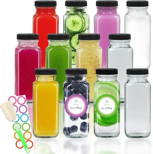 STARSIDE 8 oz Glass Drinking Bottles with Lids, 12 Pack Square Drinking Jars,Vintage Water Bottles,Reusable Glass Juice Bottles for Milk,Juicing,Kombucha,Ginger