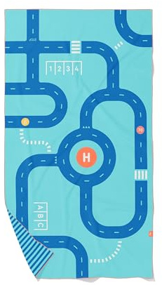 Quut – Strand-/Poolhandtuch für Kinder mit Spiel – Ultraschnell trocknende Mikrofaser, sandfrei – kompakt, leicht (Straße, L - 180 x 100cm)
