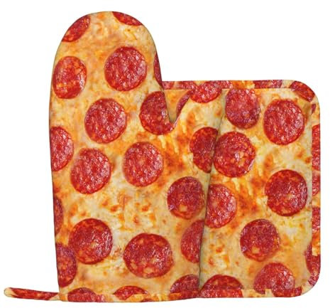 Pizza Peperoni 3D-Modell, Ofenhandschuhe und Topflappen-Set, hitzebeständige, rutschfeste Küchen-Ofenhandschuhe aus Silikon
