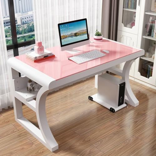 Scrivania per computer in vetro temperato con ripiani portaoggetti, rosa, moderna e semplice, scrivania da gioco per casa e ufficio, grande postazione di lavoro (100 x 60 x 75 cm)