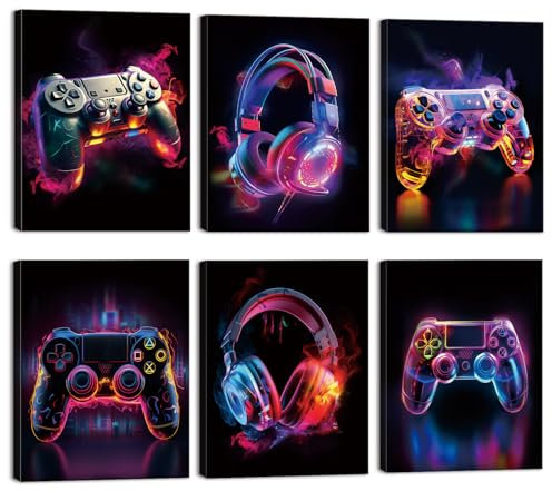 CHDITB 6 Stück Gaming Poster Set,bunte Neon Gamepad Wandbilder,Spiel Leinwand Bilder Jugendzimmer Gaming,Spielkonsole Gamer Zone Gaming Zimmer Wanddeko für Kinderzimmer Spielzimmer Geschenk 20x25cm