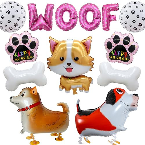 Haustier Hund Geburtstag Walking Ballons - 13 Stück Kinder Geburtstag Party Dekoration rosa Woof Ballon niedliche Hunde Folienballons Tier Knochen Pfoten Ballon für Mädchen Jungen Geburtstagsdeko