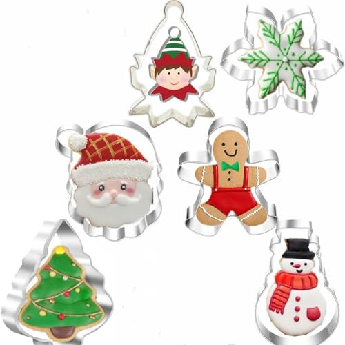 RUIYWEN 6 Cortadores de Galletas de Navidad en Forma de Papá Noel Copo de Nieve Árbol de Navidad, Moldes de Acero Inoxidable para Galletas Fondant Chocolate