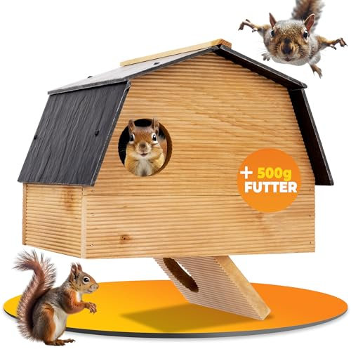 STAHLMANN® XXL Eichhörnchen Futterhaus [inkl. 500 g Eichhörnchenfutter] - Futterstelle zum Aufhängen [AUS WETTERFESTEM KIEFERNHOLZ] - Futterbox für Eichhörnchen und ihre Jungtiere