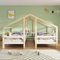 Ginkartu Hausbett für 2 Kinder Zwei Einzelbetten unter einem Dach im Hausbettdesign mit Nachttisch und Lattenrost Jugendbett 90 * 200 mit Rausfallschutz Weiß+Natur
