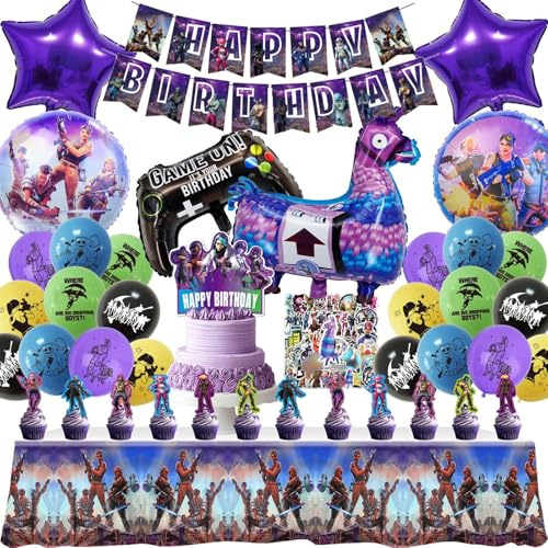 103pcs Balloon Tableware, Party Decorations - Include Happy Birthday Banner, Cake Toppers, Foil Latex Balloons, Plates and Cups, Birthday Decoration for Boys loving Battle Game