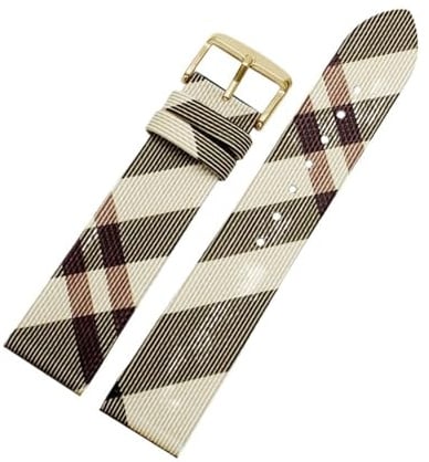 QNGMKBKTDZ Schnelle Demontage, kariertes Muster, Lederarmband, 12, 14, 16, 18, 20, 22 mm, Schwarzbraunes Armband, passend for BURBERRY Herren Damen Uhrenkette(Rice white Gold A,16mm)