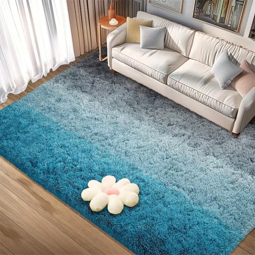 CUIMEI Teppich Hochflor 120 x 260 cm, Waschbar, Flauschige Oberfläche, Robust, Spitzenqualität, Pflegeleicht, in Vielen Farben & Größen, Teppich Fellteppich Rund, Grau Blau