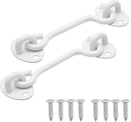 2pcs White Cabin Hooks 4 Inch, Stainless Steel Gate Hook Lock, Solid Barn Door Hook for Door Gate Shed Window Closet with Mounting Screws (4inch)