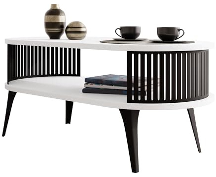 Mirjan24 Couchtisch Rajkon, ovale Form (Arktisches Weiß, Schwarz) | Moderner Wohnzimmertisch mit praktischer Ablage, pulverbeschichtetem Stahlgestell und pflegeleichter Oberfläche
