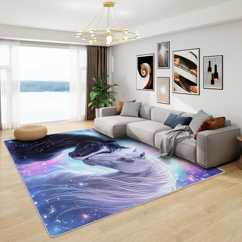 Teppich Mädchen Pferd - Teppich Wohnzimmer Schlafzimmer Pferde Kinderzimmer Lila, Kleiner Teppich Pferdemotiv, Weich Kurzflor & Waschbar & rutschfest Fussmatte Innen, Kinderteppich 60x90 cm