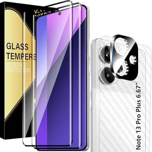 Protector de pantalla para Xiaomi Redmi Note 13 Pro Plus/Note 13 Pro+ para cristal blindado 2 unidades, con 1 protector de cámara, 1 lámina trasera de fibra de carbono, dureza 9H, cristal protector 3D