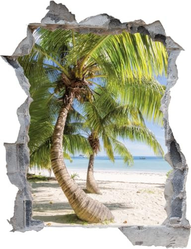 DesFoli Wandtattoo Palmen am Strand Meer mit verschiedene Rahmentypen DW000038 Farbe Grauer Stein Hochformat, Größe 100 cm x 130 cm
