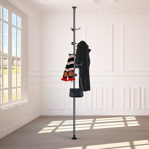TAILERNRUYE Coat Rack Freestanding,Adjustable 56-125 inch Tension Rod Coat Tree 12 Hooks Hanger Stand for Coat Hat Bedroom Livingroom Kitchen Bathroom Apartment Entryway Hall Office Black