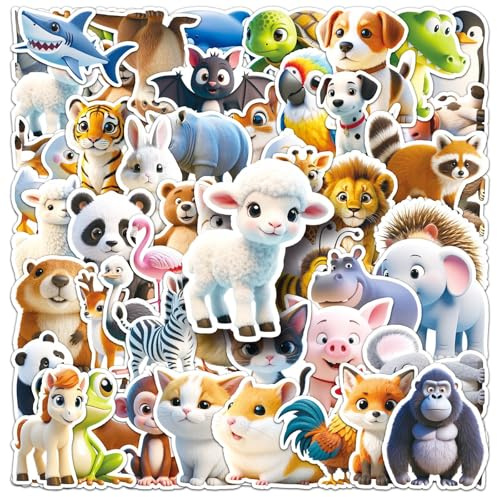 50PCS Cute 3D Animal Stickers for Adults Kids Teens,Kawaii Waterproof Decals for Water Bottles Computer Laptop Luggage Skateboard Guitar Phone Scrapbook Bike Car Helmet Refrigerator