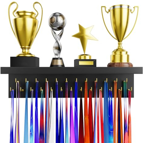 DSVENROLY Medaillenhalter mit Trophäenregal, Stabiler Auszeichnung aufhänger ständer aus Holz mit 25 Stahlhaken, Wandmontage Medal Trophy Display Shelf Organizer für Sportfans