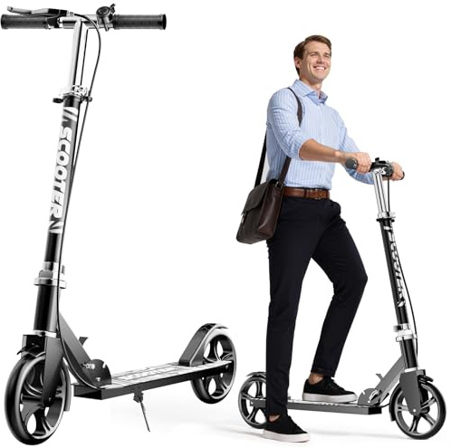Scooters for Kids 8-12, Teens & Adults - Lightweight, Foldable, 8-Inch Big Wheels, Hand Brake & Bell, 4 Adjustable Height Levels, 240 lbs Max Load - Perfect for School, Campus and Park Rides Black