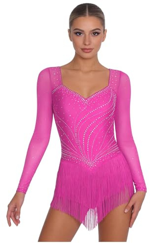 inhzoy Donna Abito da Ballo Latino Americano Tango con Frange Nappe Vestito da Pattinaggio Artistico Maniche Lunghe Body Danza Classica Ginnastica Ritmica Dancewear
