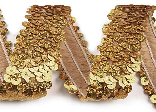 Stretch-Pailletten, bPaillettenband, Paillettenborte elastisch, mit Hologramm-Effekt in gold oder silber erhältlich, Breite 30mm, VE: 1,0m (gold)