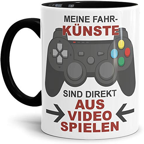 Auto-Tasse mit Spruch Meine Fahrkünste sind aus Videospiele Geschenk für den Auto-Liebhaber/KFZ/Karre/Autonarr/Freak/Innen & Henkel Schwarz