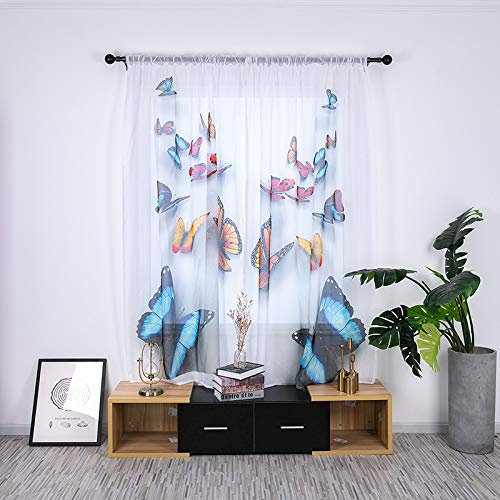 BOYOUTH Papillons colorés imprimés numériquement Rideaux en Voilage Blanc pour Petites fenêtres, Rideaux à Maille pour Chambre à Coucher, Bureau, Salon, Multicolore, 2 Panneaux, 135cm x 200cm