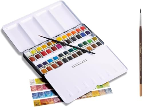 Sennelier Boîte de Peinture Aquarelle Extra-Fines,48 demi-godets Boîte en métal(36 +12) avec 2 pinceaux + 2 cartes postales et estompe EMI CRAFT
