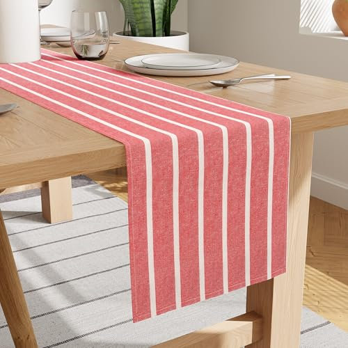 Encasa XO Baumwoll-Tischläufer 4 Seater | Größe 32x150 cm | Roma Red Stripes - Maschinenwaschbar & Langlebig
