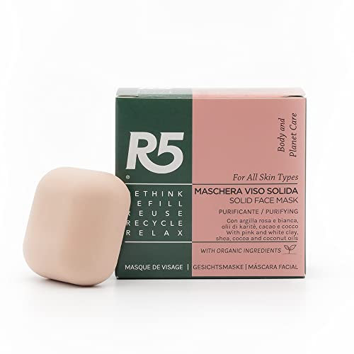 R5 - Maschera Viso Solida Purificante - con argilla rosa e bianca, olio di karité, cacao e cocco - Adatta a tutti i tipi di pelle - Corrisponde a circa 30 trattamenti