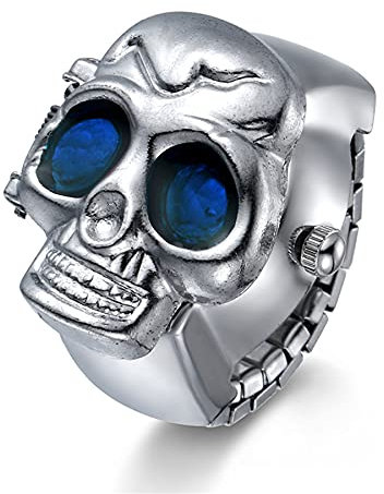 JewelryWe Herren Ringuhr Fingeruhr Analog Quarz Uhr Elastisch Totenkopf Schädel Ring Band Edelstahl Uhr Uhrenring
